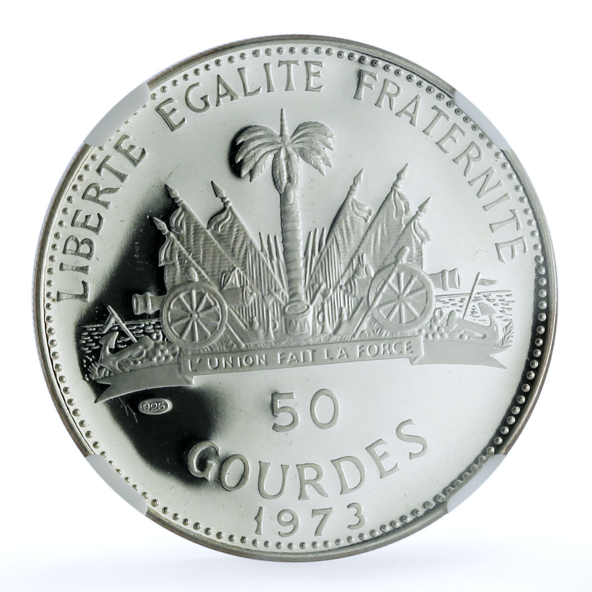 Haiti 50 gourdes Woman with Shell Mark Left KM-104.1 PF 67 NGC silver coin 1973