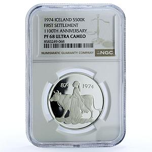 Iceland 500 kronur First Settlement KM-20 Woman Cow PF 68 NGC silver coin 1974