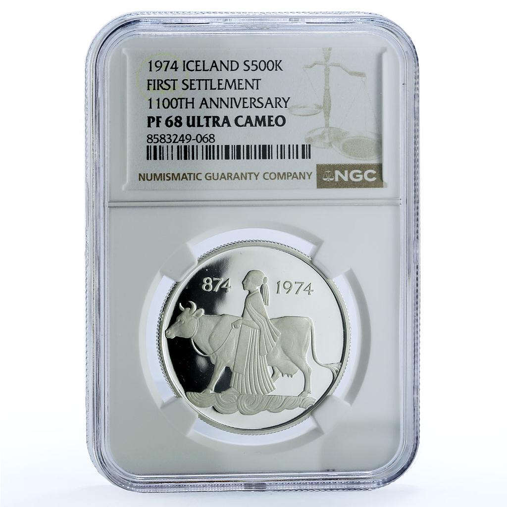 Iceland 500 kronur First Settlement KM-20 Woman Cow PF 68 NGC silver coin 1974 Iceland 500 kronur First Settlement KM-20 Woman Cow PF 68 NGC silver coin 1974