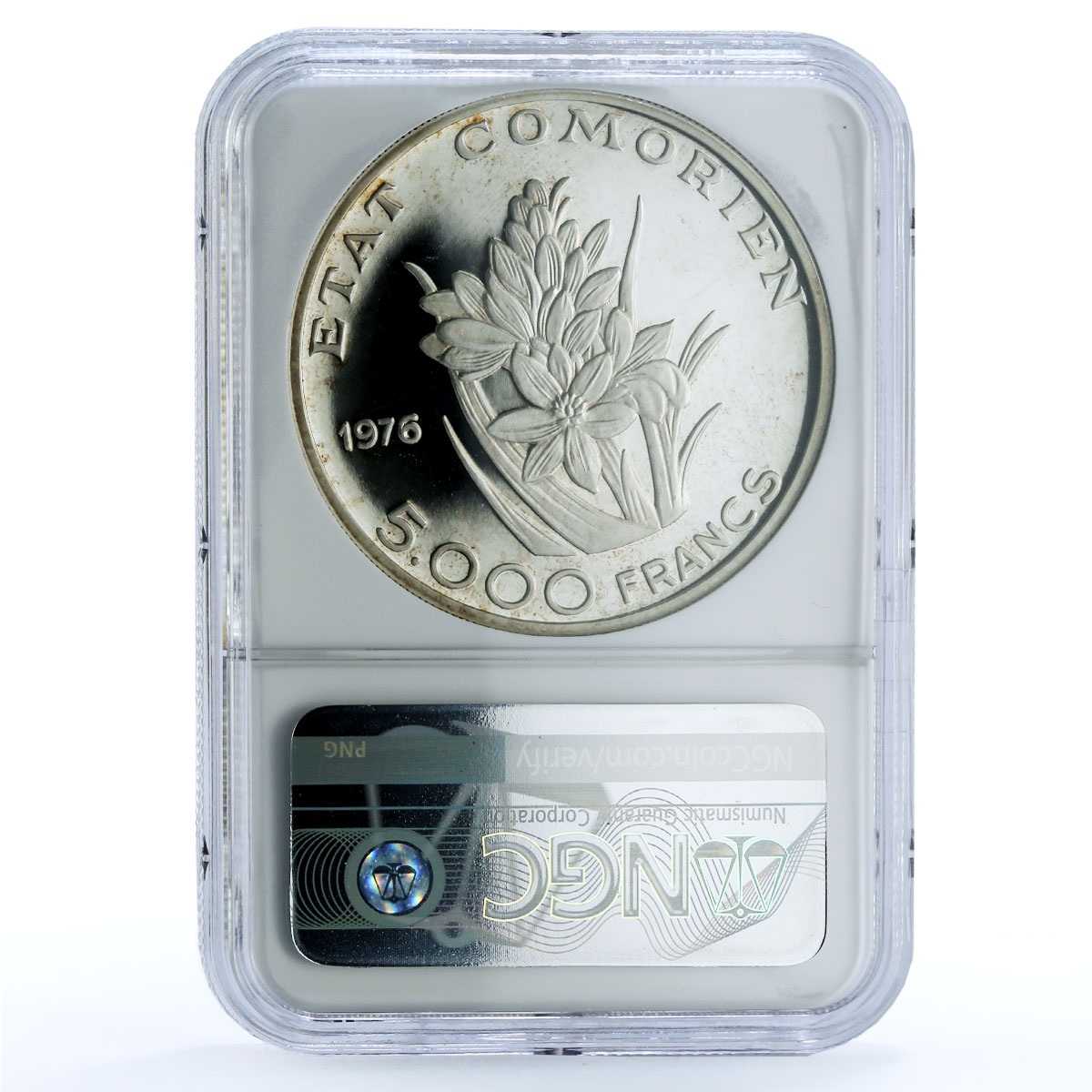 Comoros 5000 francs Said Mohamed Cheikh KM-10 Flower PF 64 NGC silver coin 1976 Comoros 5000 francs Said Mohamed Cheikh KM-10 Flower PF 64 NGC silver coin 1976