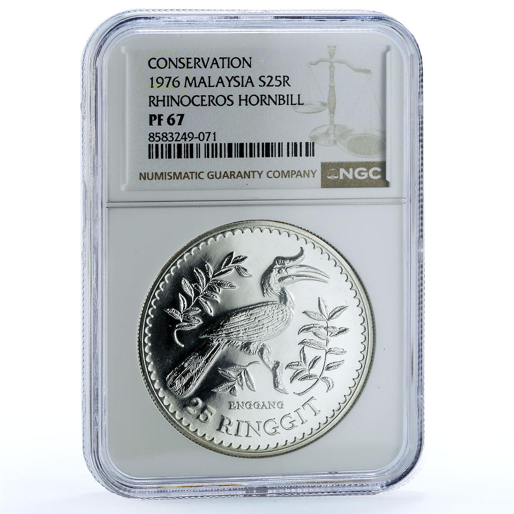 Malaysia 25 ringgit Hornbill KM-20 Bird Wildlife Fauna PF67 NGC silver coin 1976