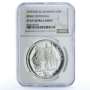 Ras al-Khaimah 10 riyals Rome Centennial KM-18 Horses PF 67 NGC silver coin 1970