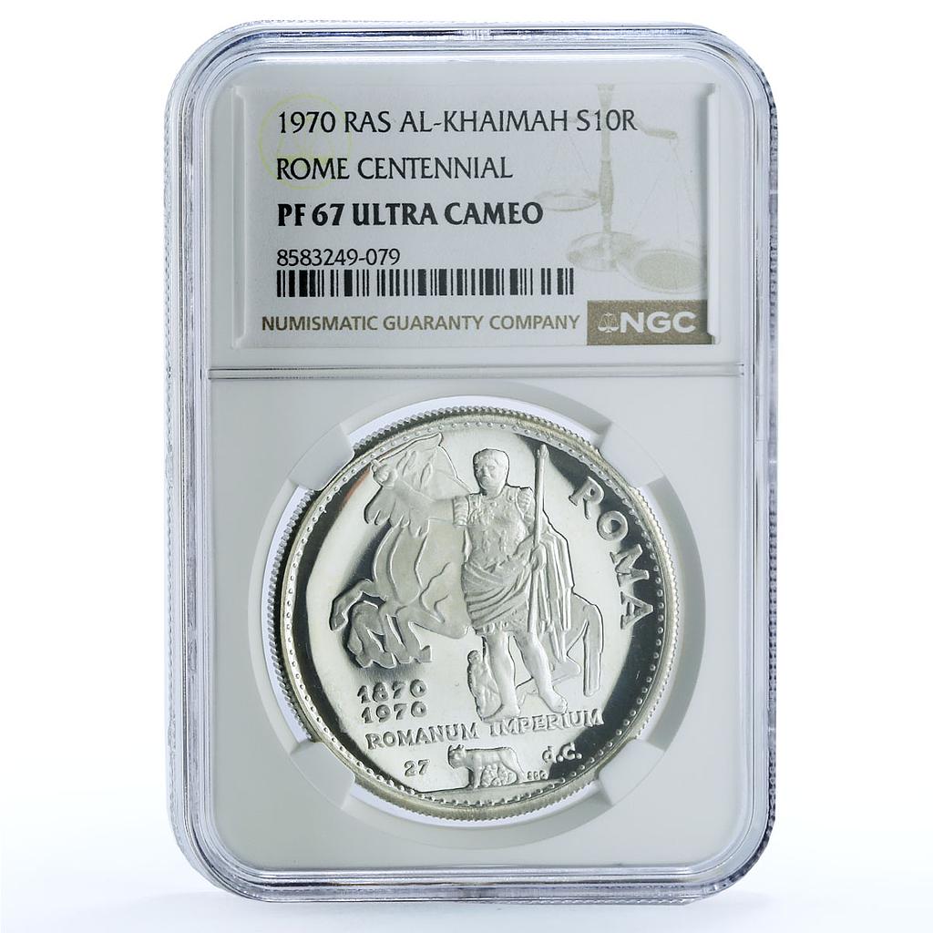 Ras al-Khaimah 10 riyals Rome Centennial KM-18 Horses PF 67 NGC silver coin 1970 Ras al-Khaimah 10 riyals Rome Centennial KM-18 Horses PF 67 NGC silver coin 1970