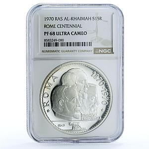 UAE Ras al-Khaimah 15 riyals Rome Centennial KM-19 PF 68 NGC silver coin 1970