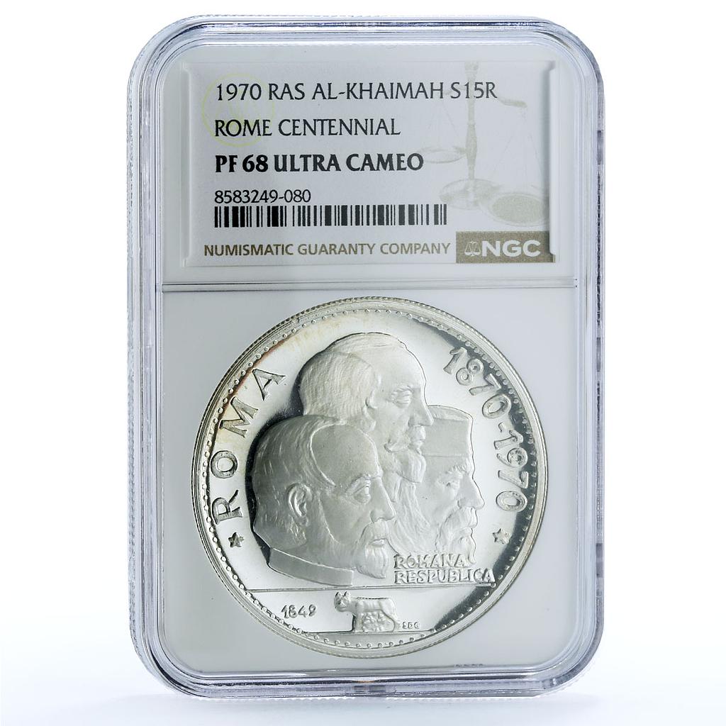 UAE Ras al-Khaimah 15 riyals Rome Centennial KM-19 PF 68 NGC silver coin 1970 UAE Ras al-Khaimah 15 riyals Rome Centennial KM-19 PF 68 NGC silver coin 1970