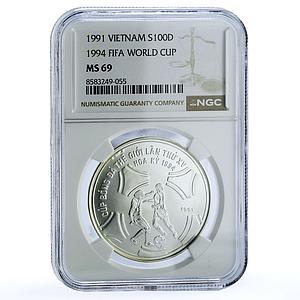 Vietnam 100 dong Football World Cup 1994 USA KM-34 MS 69 NGC silver coin 1991