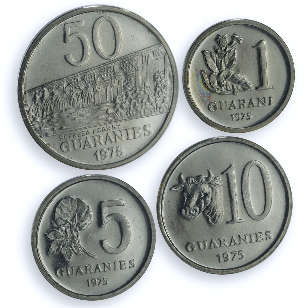 Paraguay 50 10 5 1 guaranies Set Republic Commemorative proof steel coins 1975
