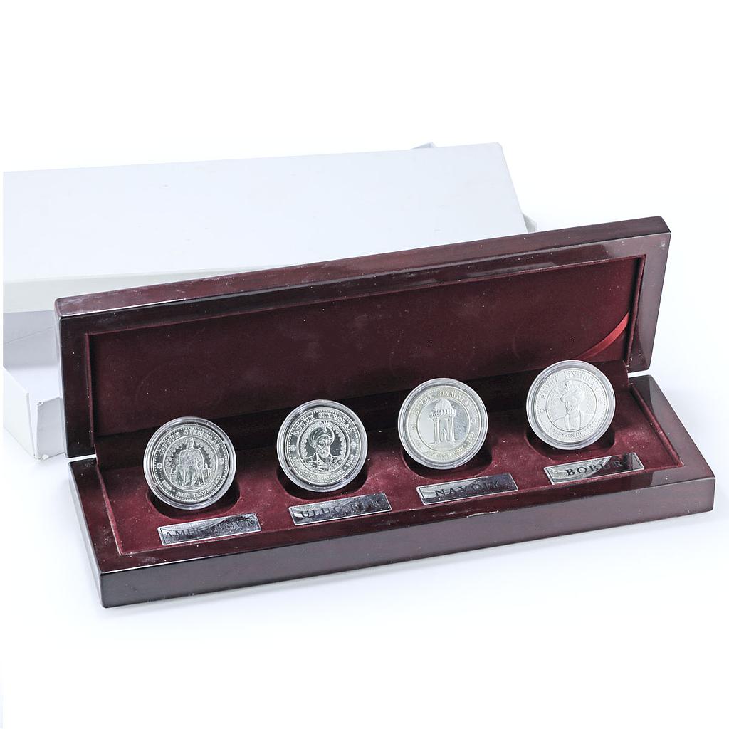 Uzbekistan Set Great Ancestors Temur Ulugbek Navoiy Bobur silver medals 1999 Uzbekistan Set Great Ancestors Temur Ulugbek Navoiy Bobur silver medals 1999