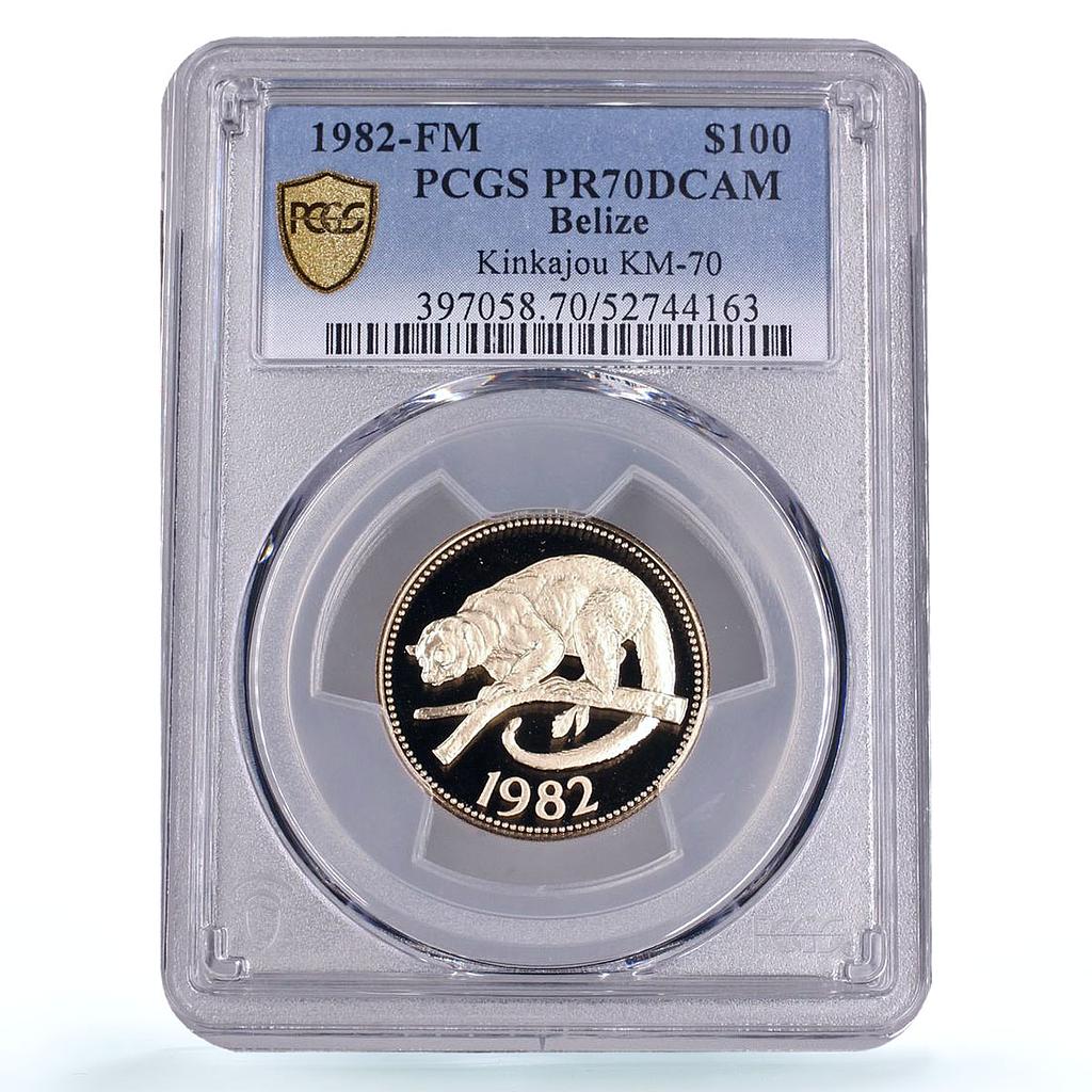 Belize 100 dollars Kinkajou KM-70 Wildlife Fauna PR 70 PCGS gold coin 1982
