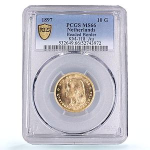 Netherlands 10 gulden Wilhelmina Beaded Border KM-118 MS 66 PCGS gold coin 1897