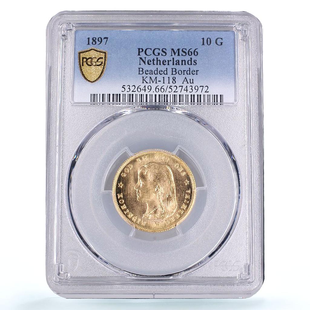 Netherlands 10 gulden Wilhelmina Beaded Border KM-118 MS 66 PCGS gold coin 1897