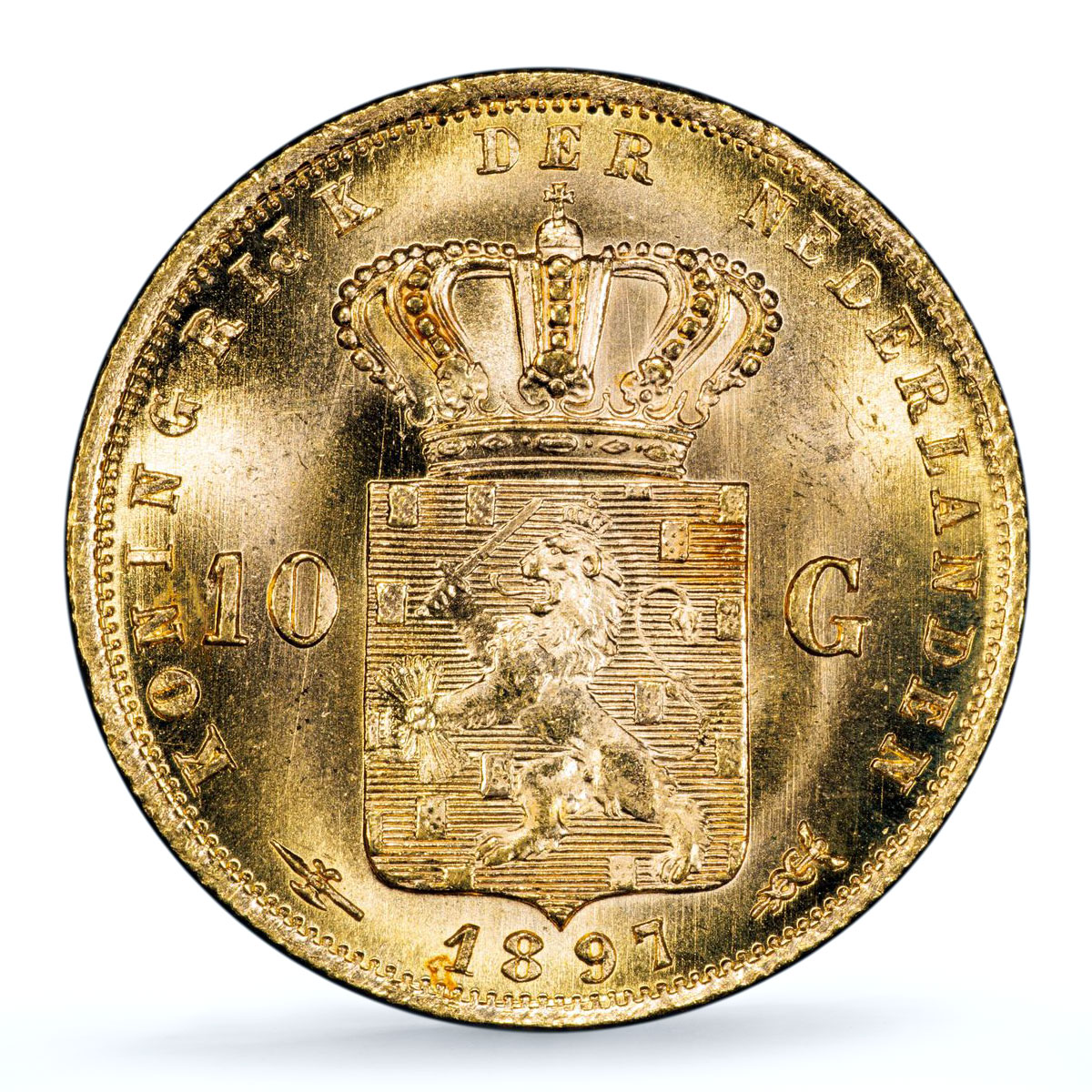 Netherlands 10 gulden Wilhelmina Beaded Border KM-118 MS 66 PCGS gold coin 1897