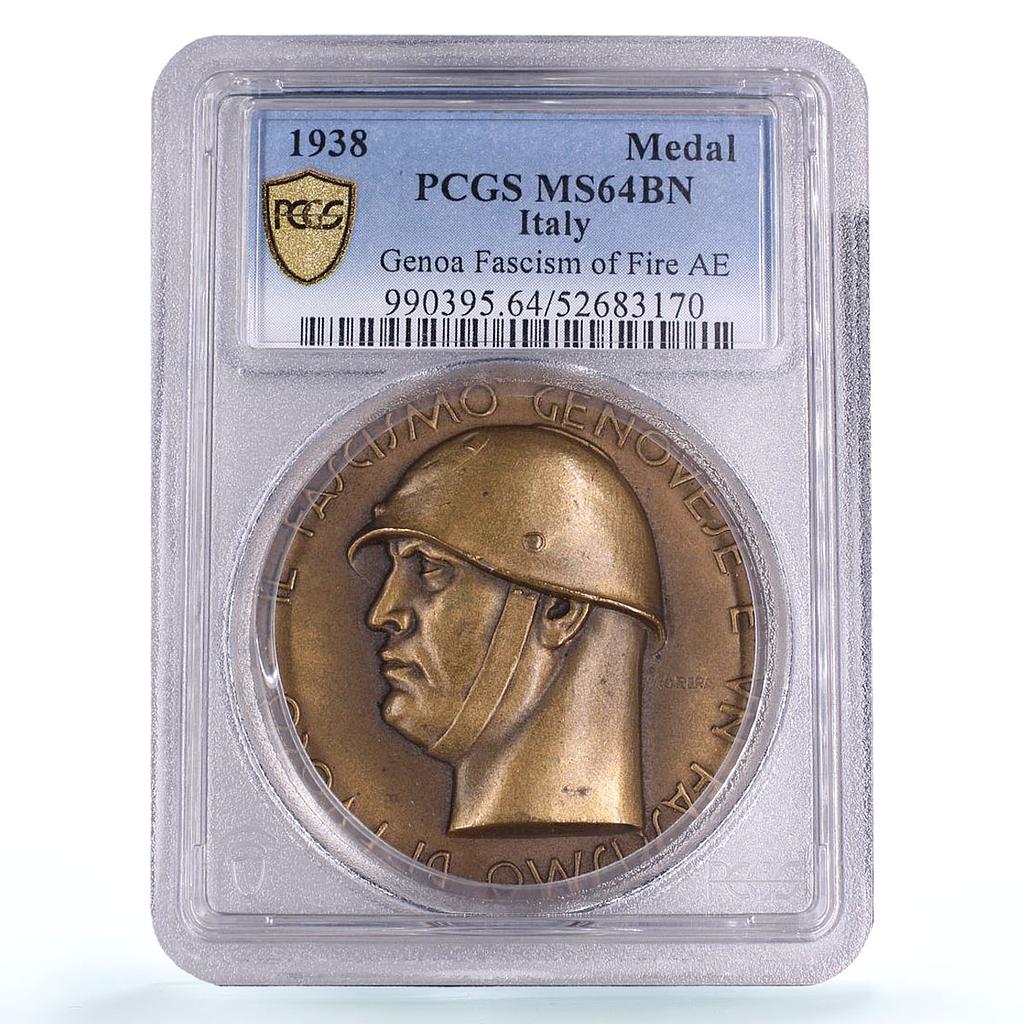Italy Mussolini Visit Genoa Fascism of Fire C-53 MS 64 PCGS bronze medal 1938