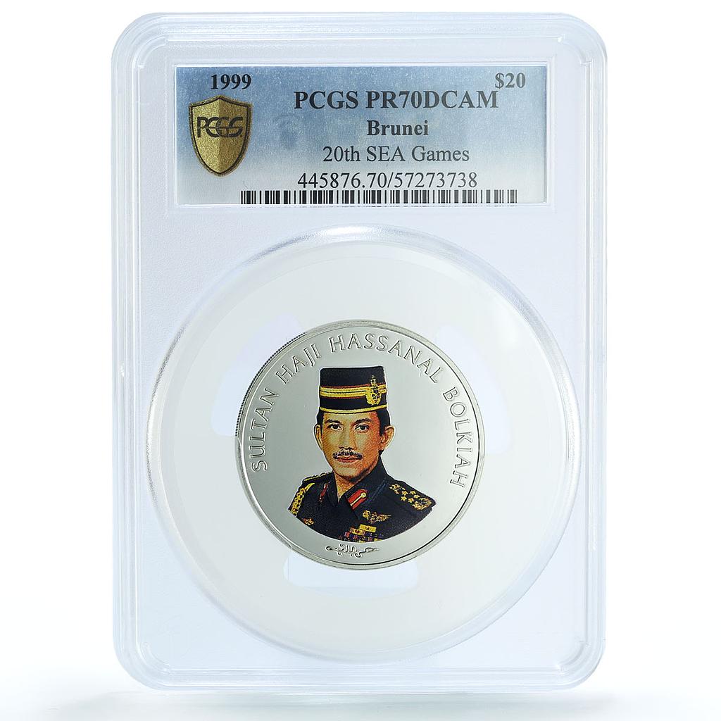 Brunei 20 dollars SEA Games Bolkiah Stadium KM-72 PR 70 PCGS silver coin 1999 Brunei 20 dollars SEA Games Bolkiah Stadium KM-72 PR 70 PCGS silver coin 1999