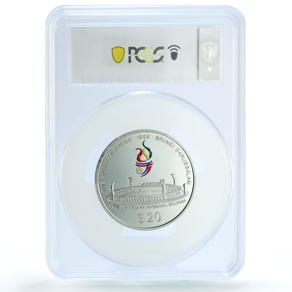 Brunei 20 dollars SEA Games Bolkiah Stadium KM-72 PR 70 PCGS silver coin 1999 Brunei 20 dollars SEA Games Bolkiah Stadium KM-72 PR 70 PCGS silver coin 1999