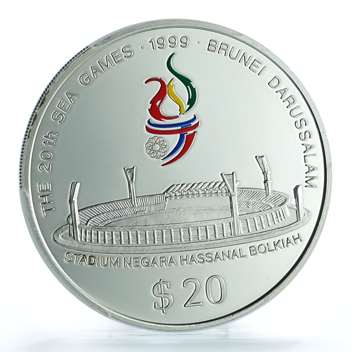 Brunei 20 dollars SEA Games Bolkiah Stadium KM-72 PR 70 PCGS silver coin 1999 Brunei 20 dollars SEA Games Bolkiah Stadium KM-72 PR 70 PCGS silver coin 1999