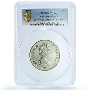 Cayman Islands 50 dollars Queens of England KM-12 MS 69 PCGS silver coin 1976