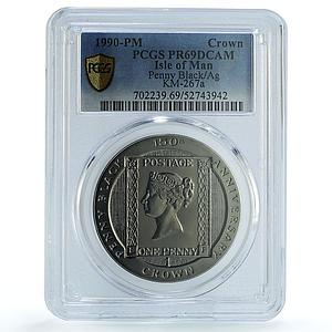 Isle of Man 1 crown Penny Black Stamp KM-267a PR 69 PCGS silver coin 1990