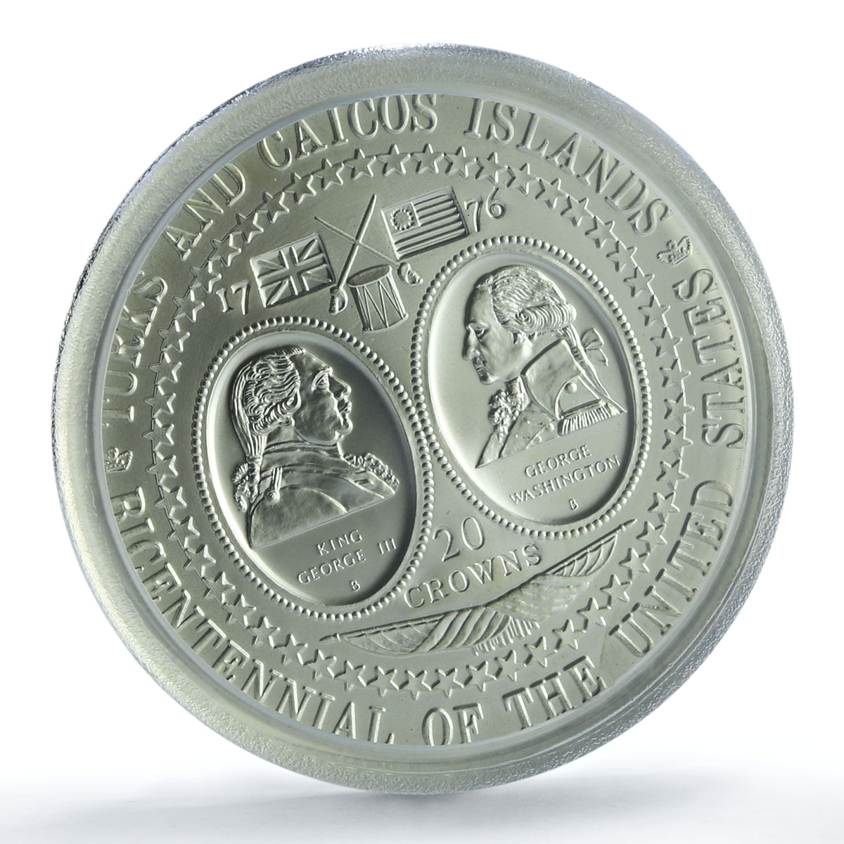 Turks and Caicos 20 crowns U.S. Bicentennial KM-13 MS 69 PCGS silver coin 1976 Turks and Caicos 20 crowns U.S. Bicentennial KM-13 MS 69 PCGS silver coin 1976