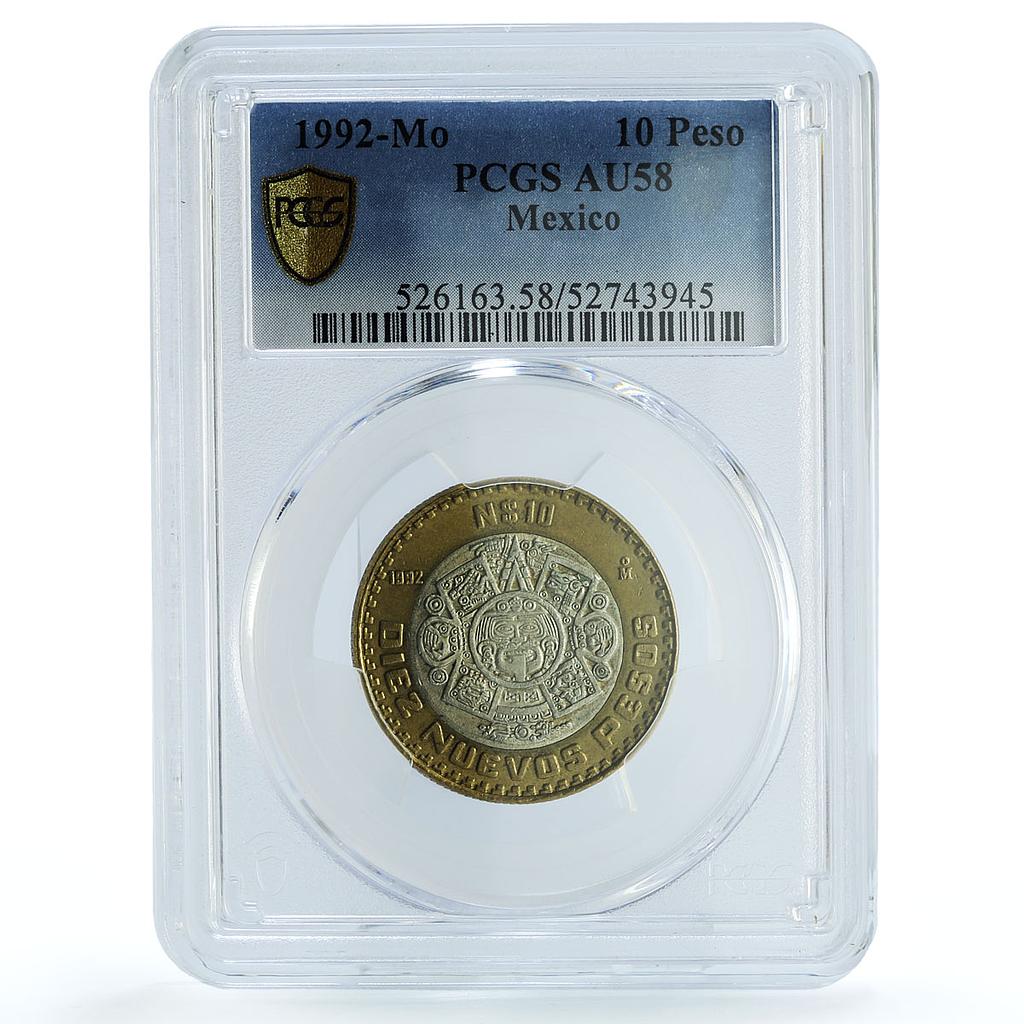 Mexico 10 pesos Republic KM-553 AU 58 PCGS bimetal coin 1992 Mexico 10 pesos Republic KM-553 AU 58 PCGS bimetal coin 1992