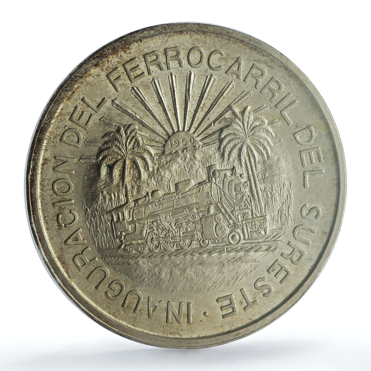 Mexico 5 pesos Opening Southern Railroad KM-466 Train MS65 PCGS silver coin 1950 Mexico 5 pesos Opening Southern Railroad KM-466 Train MS65 PCGS silver coin 1950