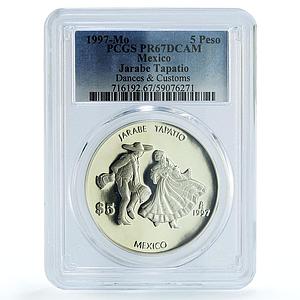 Mexico 5 pesos Jarabe Tapatio KM-629 Dances Customs PR 67 PCGS silve coin 1997