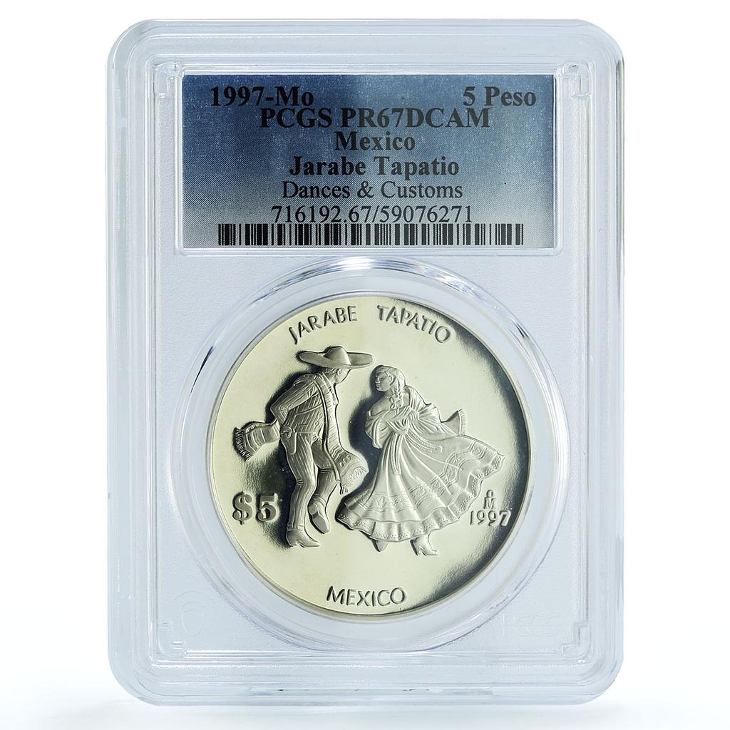 Mexico 5 pesos Jarabe Tapatio KM-629 Dances Customs PR 67 PCGS silver coin 1997 Mexico 5 pesos Jarabe Tapatio KM-629 Dances Customs PR 67 PCGS silver coin 1997
