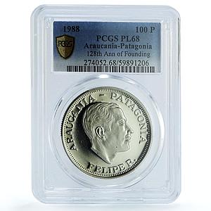 Araucania-Patagonia 100 pesos Felipe 128th Founding X#21 PL 68 PCGS coin 1988