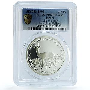 Israel 2 sheqalim Roe Lily KM-232 Flower Flora Fauna PR 68 PCGS silver coin 1992