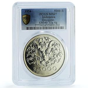 Indonesia 5000 rupiah Orangutan KM-40 Monkey Fauna MS 67 PCGS silver coin 1974
