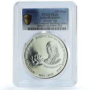 India 150 rupees Income Tax Building Chanakya KM-380 PL 66 PCGS silver coin 2010