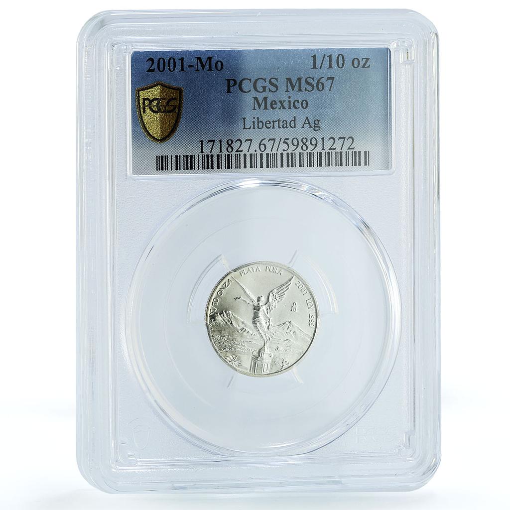 Mexico 1/10 onza Libertad Angel Independence KM-610 MS 67 PCGS silver coin 2001