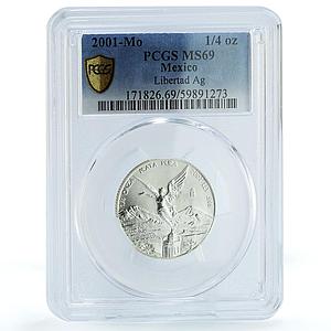 Mexico 1/4 onza Libertad Angel of Independence KM-611 MS69 PCGS silver coin 2001