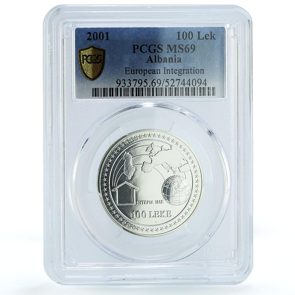 Albania 100 leke European Integration KM-84 Dove Bird MS69 PCGS silver coin 2001