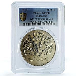 Indonesia 5000 rupiah Orangutan KM-40 Monkey Fauna MS 68 PCGS silver coin 1974