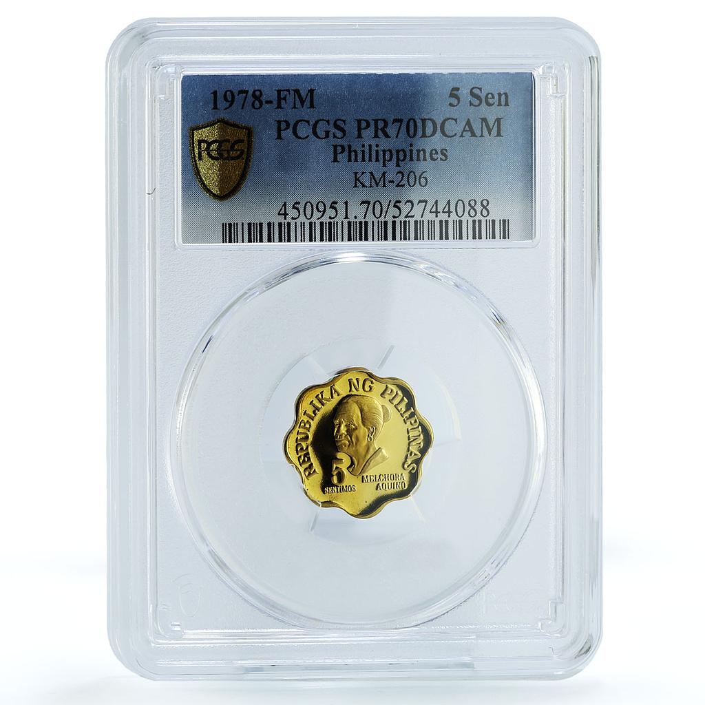 Philippines 5 sentimos Republic KM-206 Melchora Aquino PR70 PCGS brass coin 1978