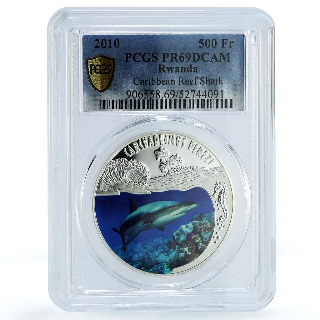 Rwanda 500 francs Caribbean Reef Shark KM-73 Fauna PR 69 PCGS silver coin 2010