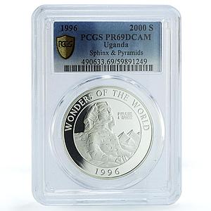 Uganda 2000 shillings Sphinx Pyramids KM-123 Wonders PR 69 PCGS silver coin 1996