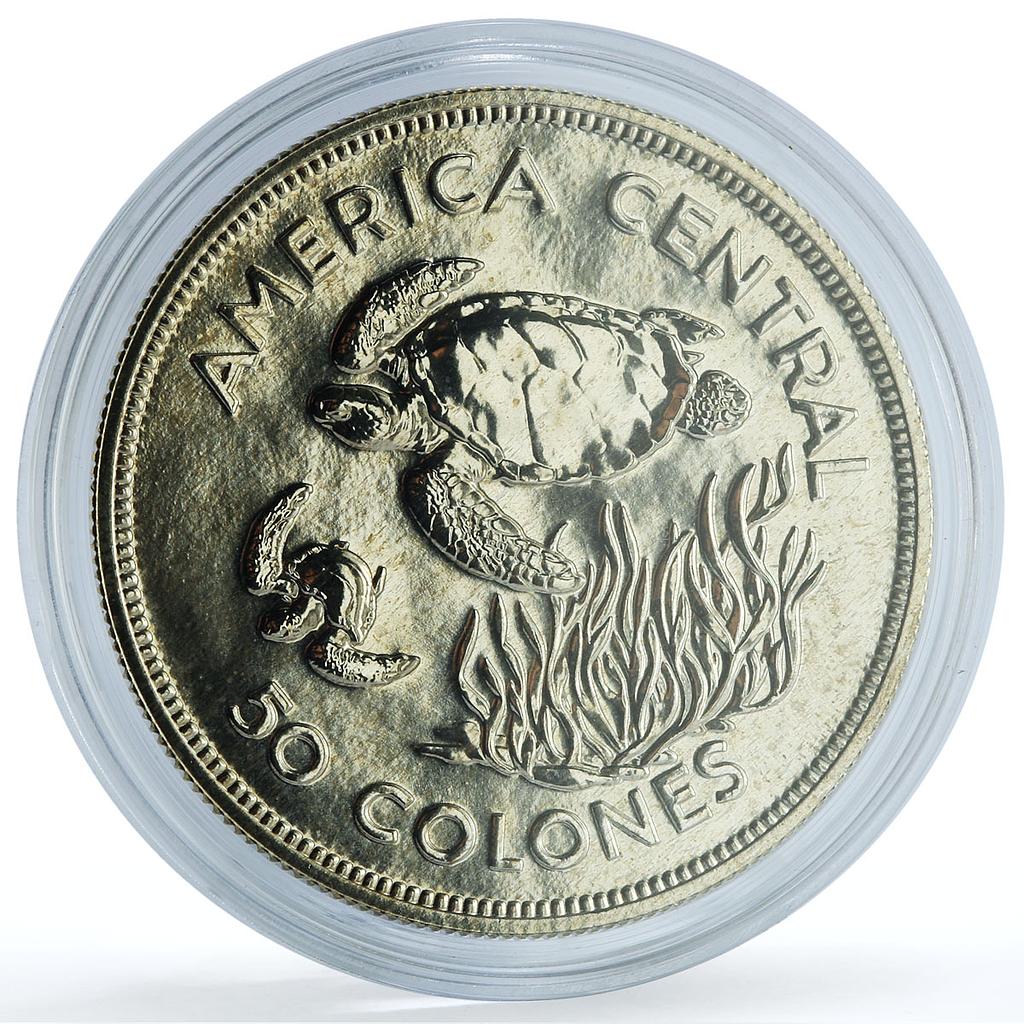 Costa Rica 50 colones Green Turtle KM-200 Conservation Fauna silver coin 1974