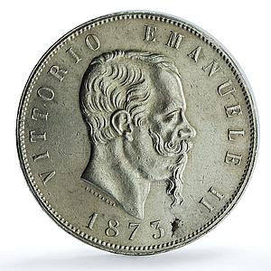 Italy 5 lire Victor Emmanuel II KM-8.3 silver coin 1873 BN