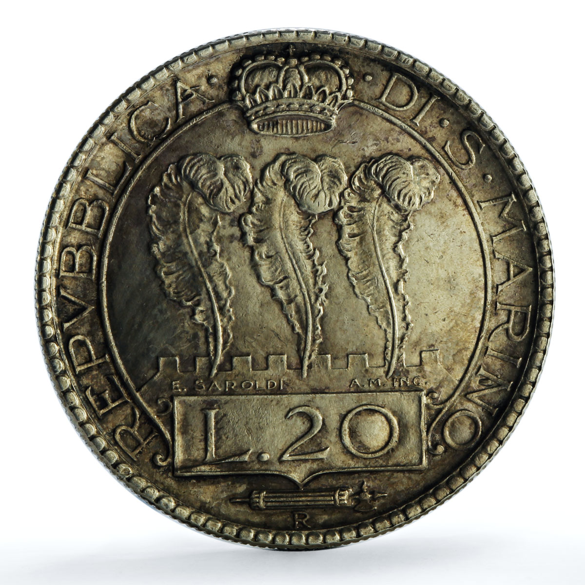 San Marino 20 lire Republic Rome Mint KM-11a silver coin 1937