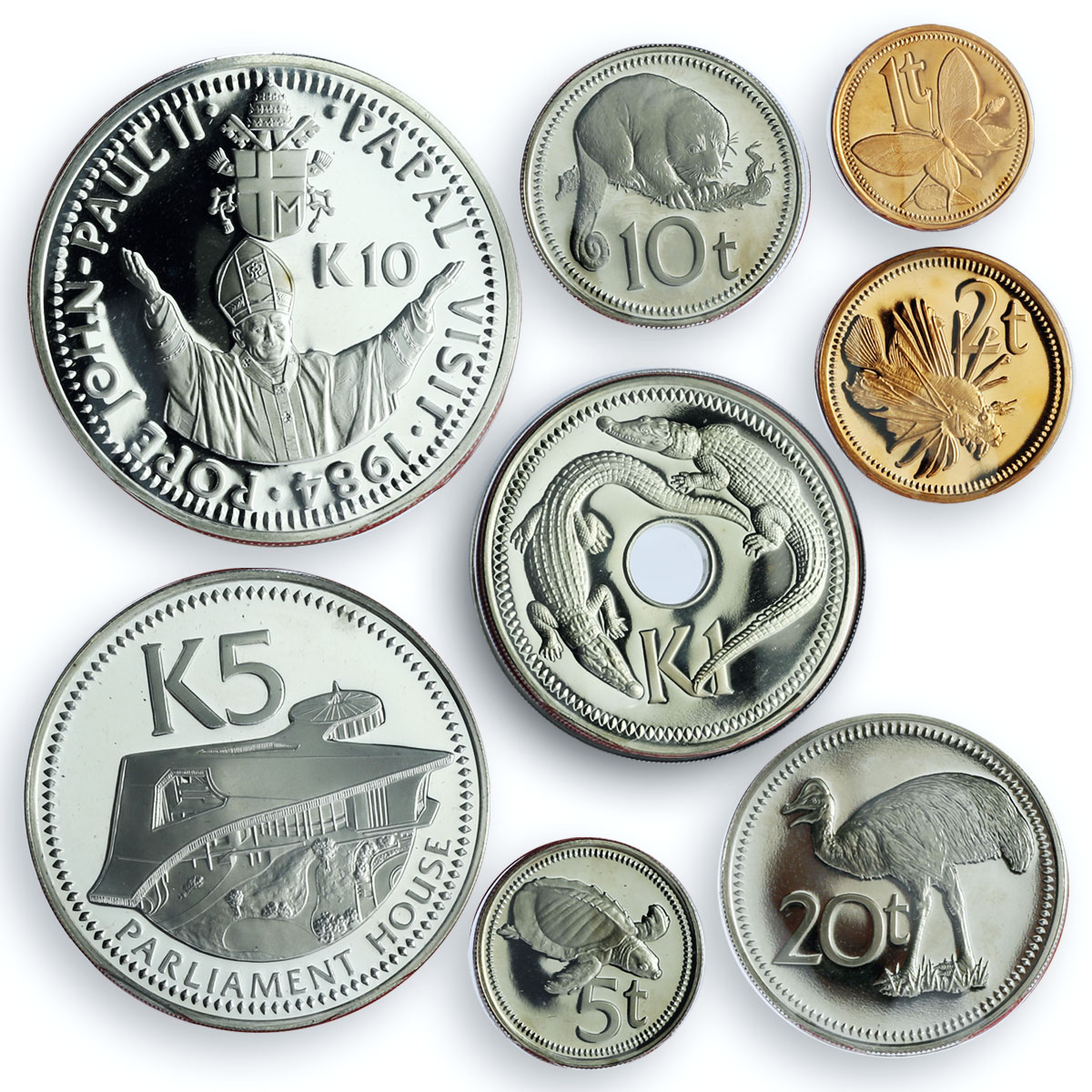 Papua New Guinea Various Set Commemorative Pope John Paul II Visit coins 1984