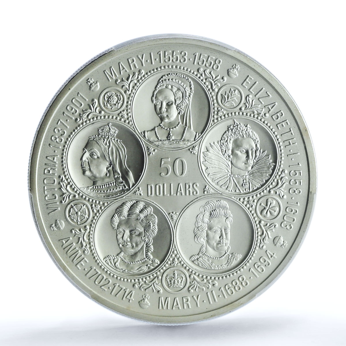 Cayman Islands 50 dollars Queens of England History MS70 PCGS silver coin 1975