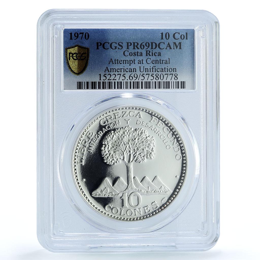 Costa Rica 10 colones Unification KM-192 History Tree PR69 PCGS silver coin 1970
