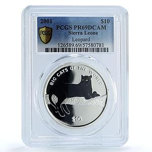 Sierra Leone 10 dollars Leopard Coloured KM-248a Cat PR 69 PCGS silver coin 2001
