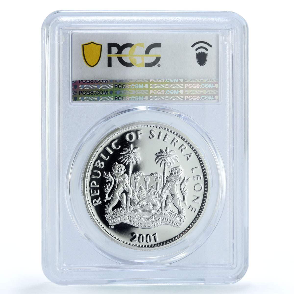 Sierra Leone 10 dollars Leopard Coloured KM-248a Cat PR 69 PCGS silver coin 2001