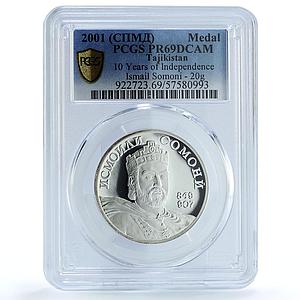 Tajikistan Ismail Somoni Independence 10 Years PR69 PCGS 20 gr silver medal 2001