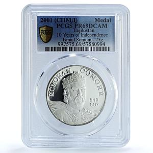 Tajikistan Ismail Somoni Independence 10 Years PR69 PCGS 25 gr silver medal 2001