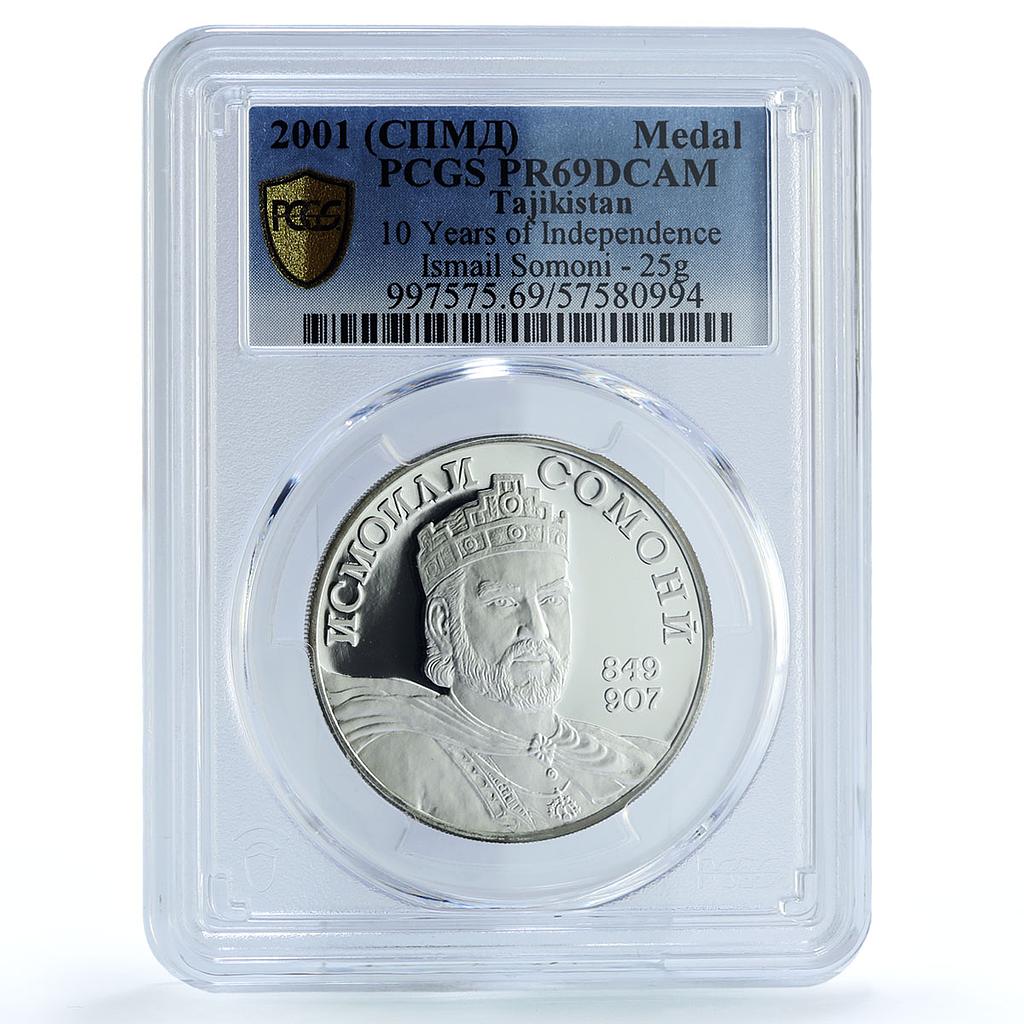 Tajikistan Ismail Somoni Independence 10 Years PR69 PCGS 25 gr silver medal 2001