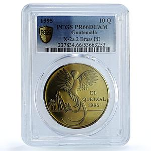 Guatemala 10 quetzales El Quetzal PE X#2a.2 Bird Tower PR66 PCGS brass coin 1995